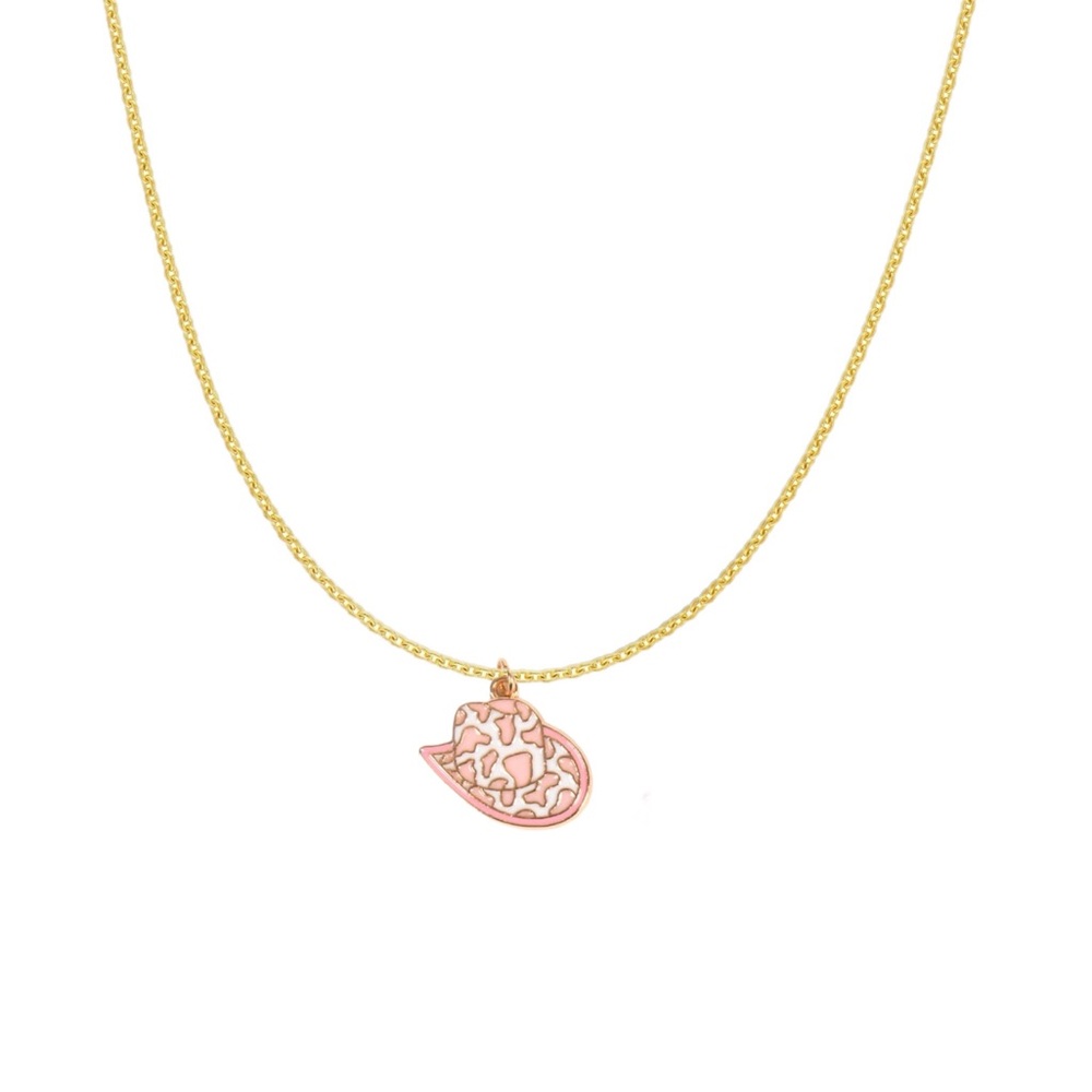 Pink Cowgirl Hat Gold Charm Necklace